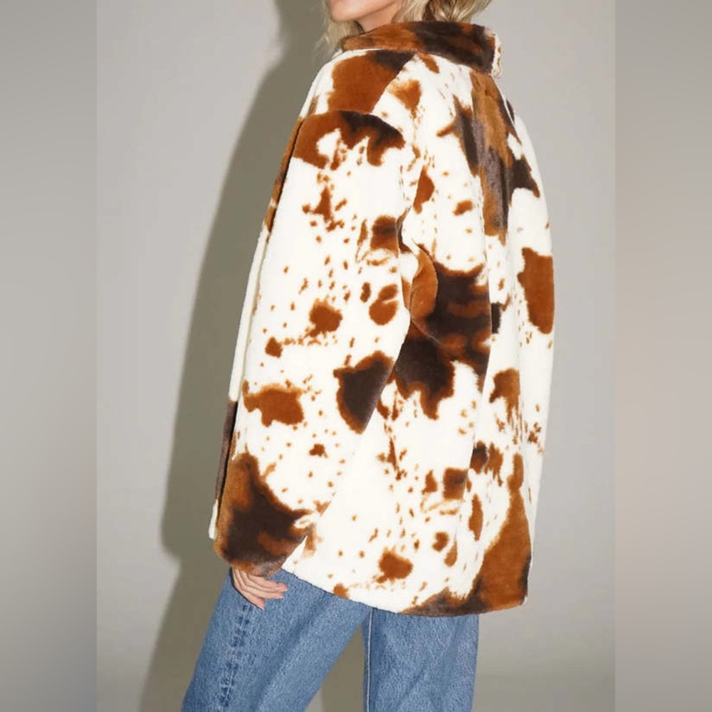 NWT LNA Cowgirl Faux Fur Jacket Brown White Cow Print Coat Size S Cozy Wester - Picture 10 of 10